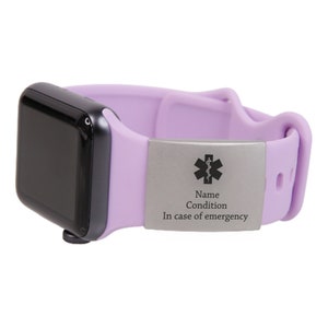 Medical Alert ID Tag 18mm-22mm Apple Silicone Watch Band Custom Engraved Stainless Steel Plate Emergency Contact Patient Info Attachment