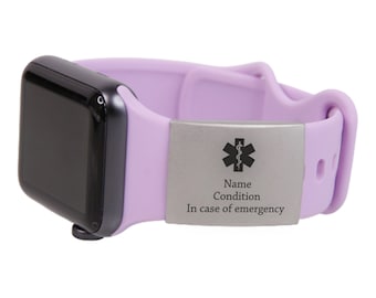 Medical Alert ID Tag 18mm-22mm Apple Silicone Watch Band Custom Engraved Stainless Steel Plate Emergency Contact Patient Info Attachment