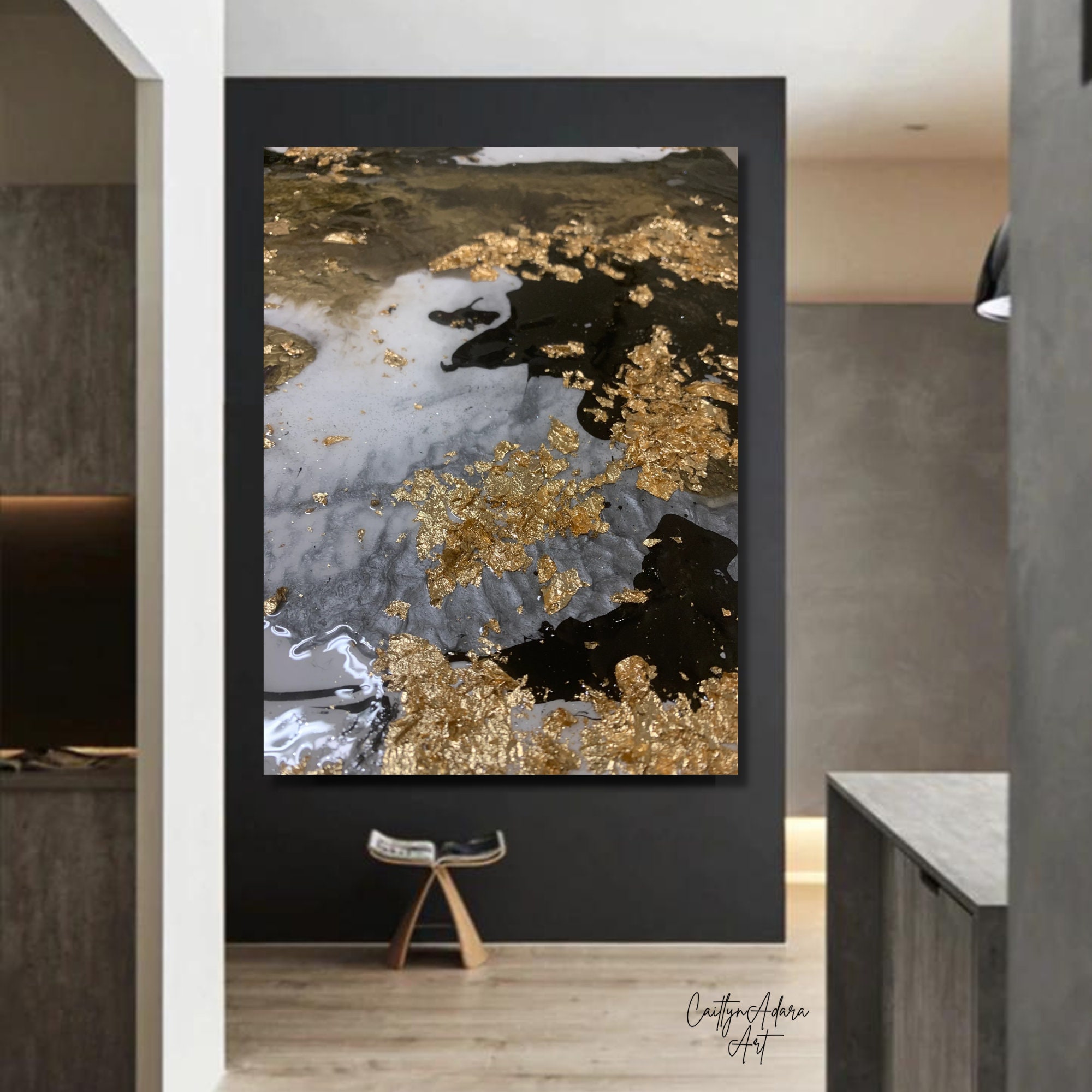 Abstract Painting With Textures, Large Modern Metallic Painting, Black