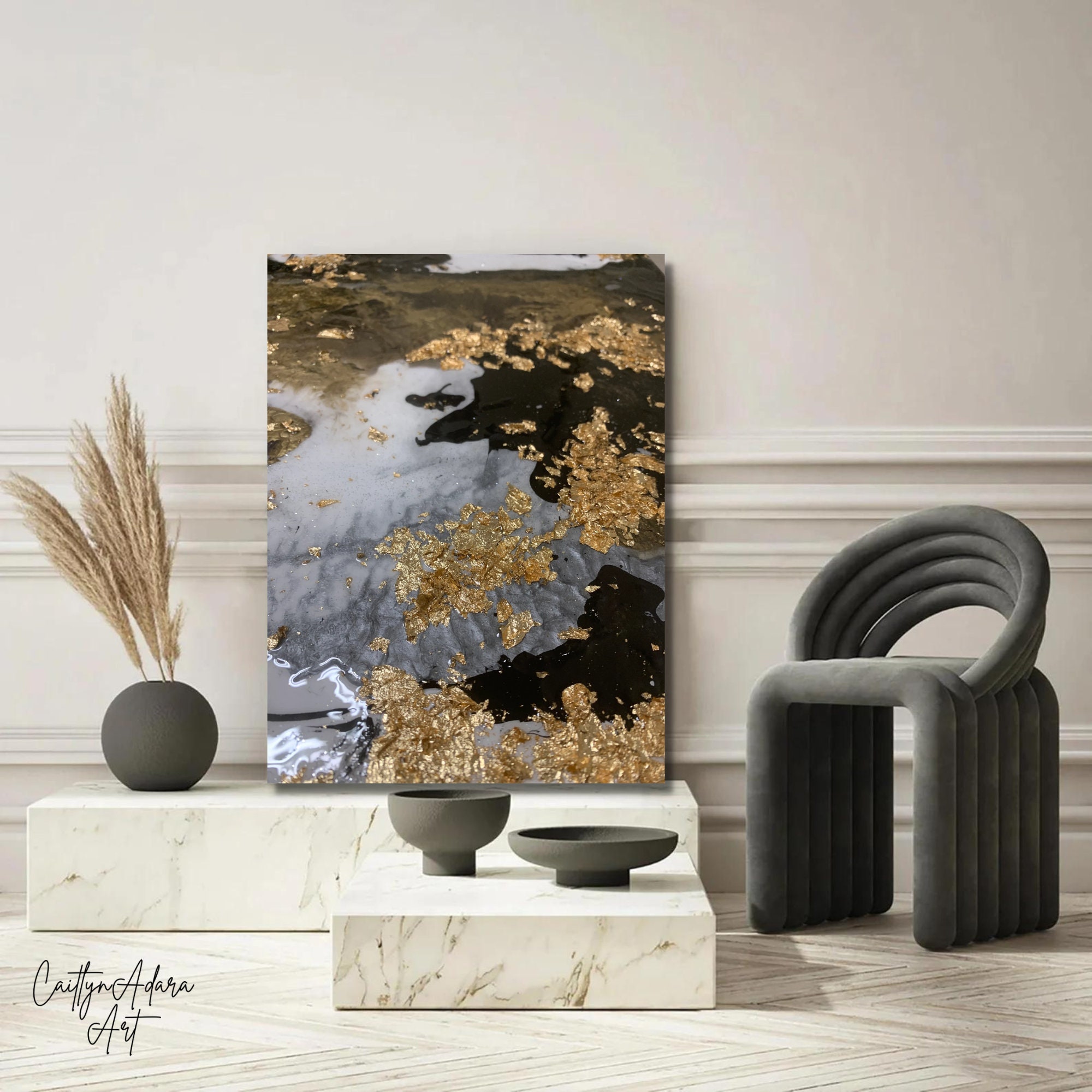 Abstract Painting With Textures, Large Modern Metallic Painting, Black