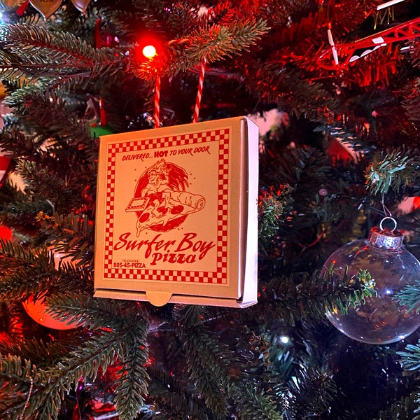 Stranger Things inspired Surf Pizza Box Ornament - Christmas Tree Ornament - Real Mini Pizza Box & Gift Card Holder