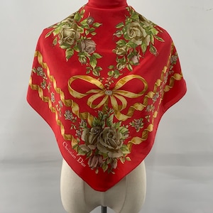 Bufanda vintage de seda Christian Dior con estampado floral rojo, accesorios para mujer, bufanda cuadrada, pañuelo para el cuello, chal, pañuelos para el cuello