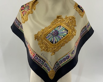 Vintage 90s Christian Dior Silk Scarf Cupid Baroque Pattern Women Gift Accessories Square Scarf Top Neckerchief Wrap Shawl Neckwear Foulards