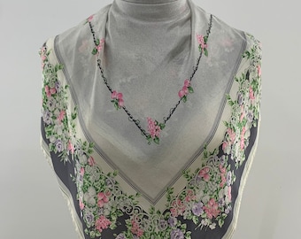 Vintage Boggia Bruno Silk Scarf | Grey Scarf Floral | Vintage Shawl | Women Accessories | Scarf Top | Neck Scarf Foulard