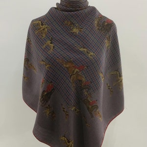 Vintage Etro Milano Shawl Scarf Wool Silk Scarves Hunting Motif Foulards Women Accessories Neck Scarf Top Shawl Wrap Cover Up Large Scarf