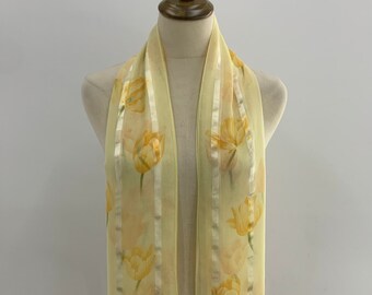 Vintage Mila Schon Silk Scarf Yellow Cream Floral Silk Muffler, Women Accessories Neckwear, Spring Summer Neck Scarves, Stole Scarf Silk