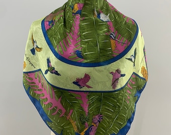Vintage Silk Scarf | Floral Scarf Classic | Bird Printed Scarf | Women Accessories | Foulards | Scarf Top | Wrap Top | Square Scarf