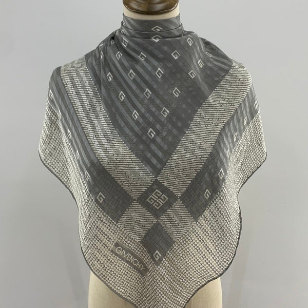 Vintage Givenchy Silk Scarf, Givenchy Scarf, Authentic Givenchy Accessories, Givenchy Foulards, Grey Scarf Top, Neckerchief, Square Scarf