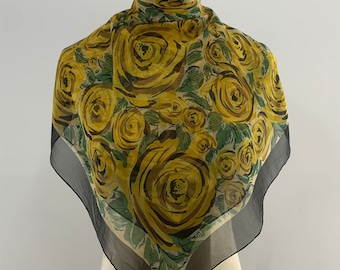 Vintage Bosch Floral Silk Scarf 90cm, Yellow Flowers Print Black Border, Vintage Shawl Square Scarf, Carre Foulards Stole Neckwear