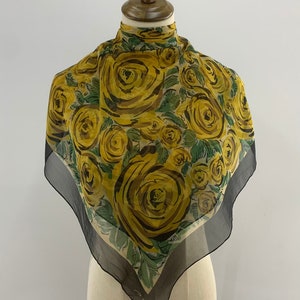 Vintage Bosch Floral Silk Scarf 90cm, Yellow Flowers Print Black Border, Vintage Shawl Square Scarf, Carre Foulards Stole Neckwear image 1