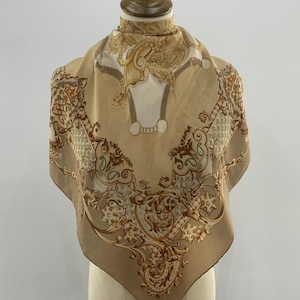 Vintage Silk Scarf, Pure Silk Twill Neck Scarf, Vintage Accessories Retro Scarf, Classic Brown Scarves, Square Scarf Foulards Neckwear