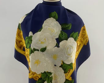Authentic Chanel Silk Scarf Blue Floral Accessories Women Silk