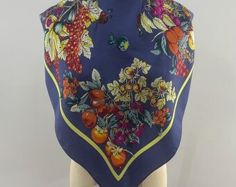 Vintage Silk Scarf Blue Floral Fruity Print Pure Silk Head Scarf Women Accessories Shawl Square Scarf Top Neckerchief Neck Wrap Bandana