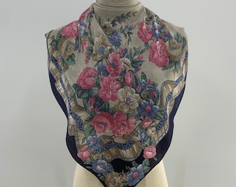 Foulard Carré Vintage En Soie - Bleu Et Or - 65x67 Cm - Occasion - Parfait Accessoire Femme