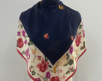 Vintage Hanae Mori Blue Pink Floral Silk Scarf Pure Silk Accessories Ladies Gift Carre Foulards Shawl Wrap Scarves Neckerchief Babushka