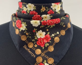 Vintage Burberrys Handkerchief Burberry Bandana Black Floral Luxury Accessories Neckerchief Head Wrap Babushka Scarves Pocket Square