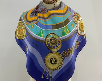 Vintage Hermes Scarf Parmi Les Fleurs Je Compte Les Heures by Loïc Dubigeon, Hermes Silk Scarf Carre Foulard 90cm Silk Twill Blue Colour