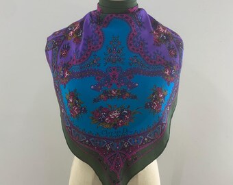 Foulard Carré Vintage En Soie 100% - Motif Géométrique Multicolore - Occasion Bon état