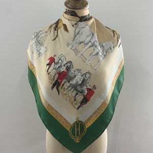Vintage 90s Hermes Scarf Les Haras Nationaux by H de Watrigant, Authentic Hermès Carre Foulard 90cm Silk Twill, Hermes Green Border Scarves