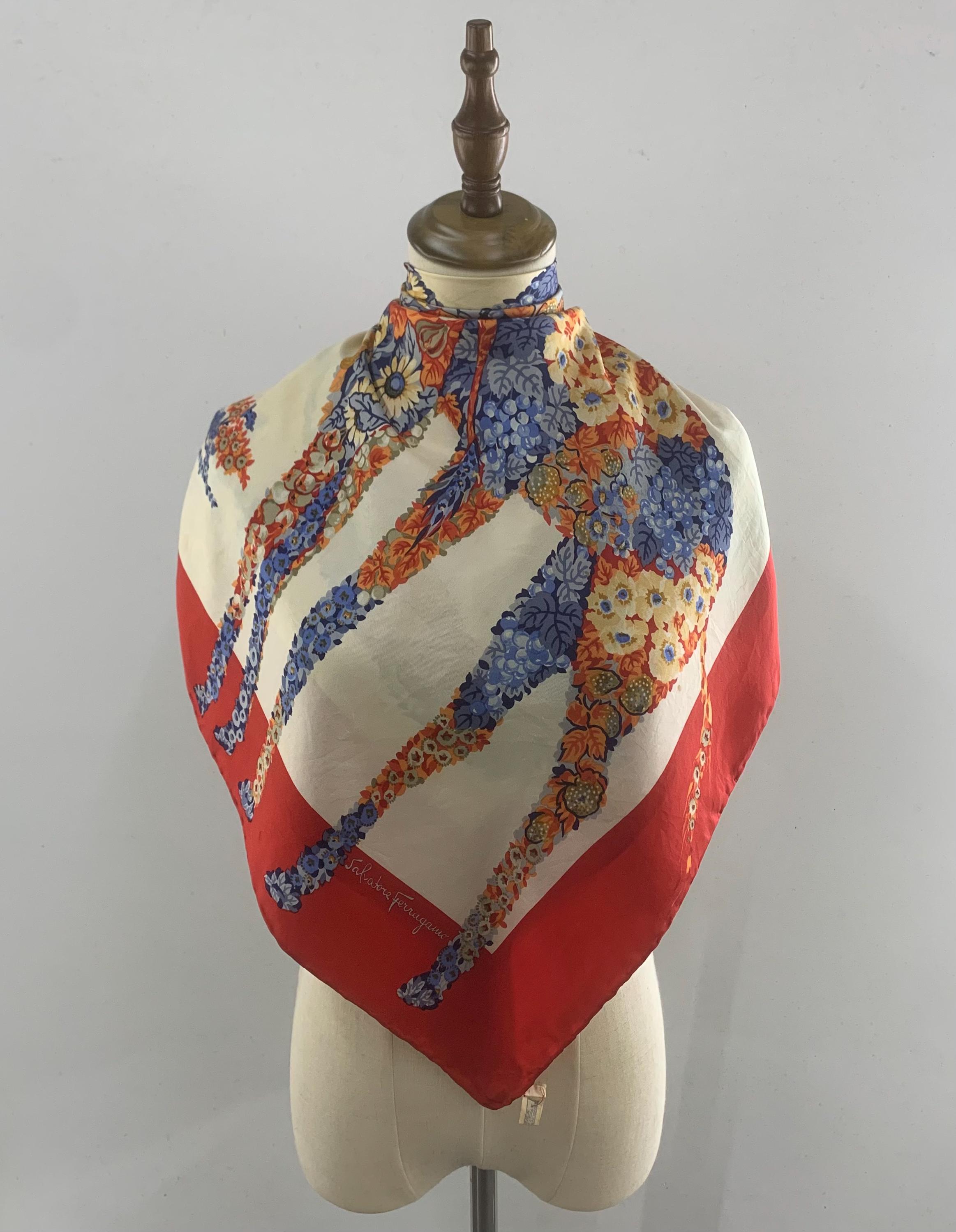 Vintage Salvatore Ferragamo Silk Scarf Floral Giraffe Print Women