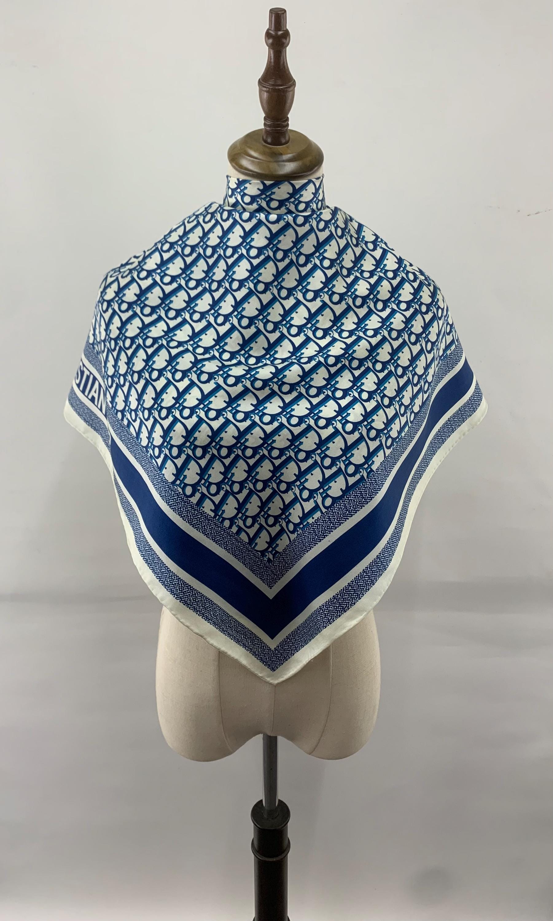 Vintage Christian Dior Silk Scarf Blue Monogram Pattern Scarves