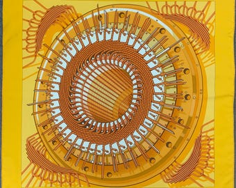 Vintage Hermes Ochre Alternateur Silk Scarf by P Peron in 1971s Authentic Hermes Scarf 90cm Hermes Foulard Carre Silk Twill Yellow Scarves