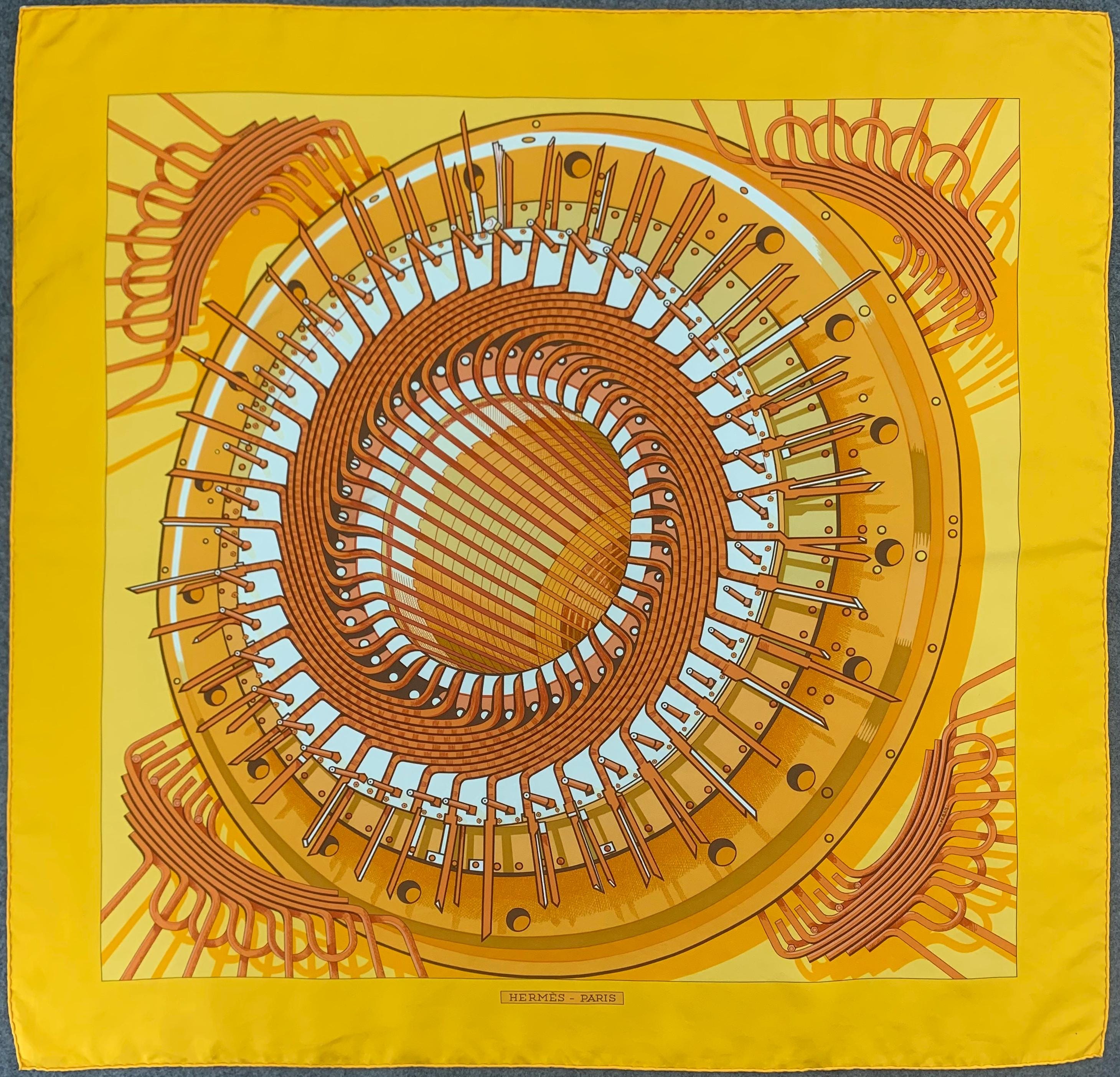 Vintage Hermes Ochre Alternateur Silk Scarf by P Peron in