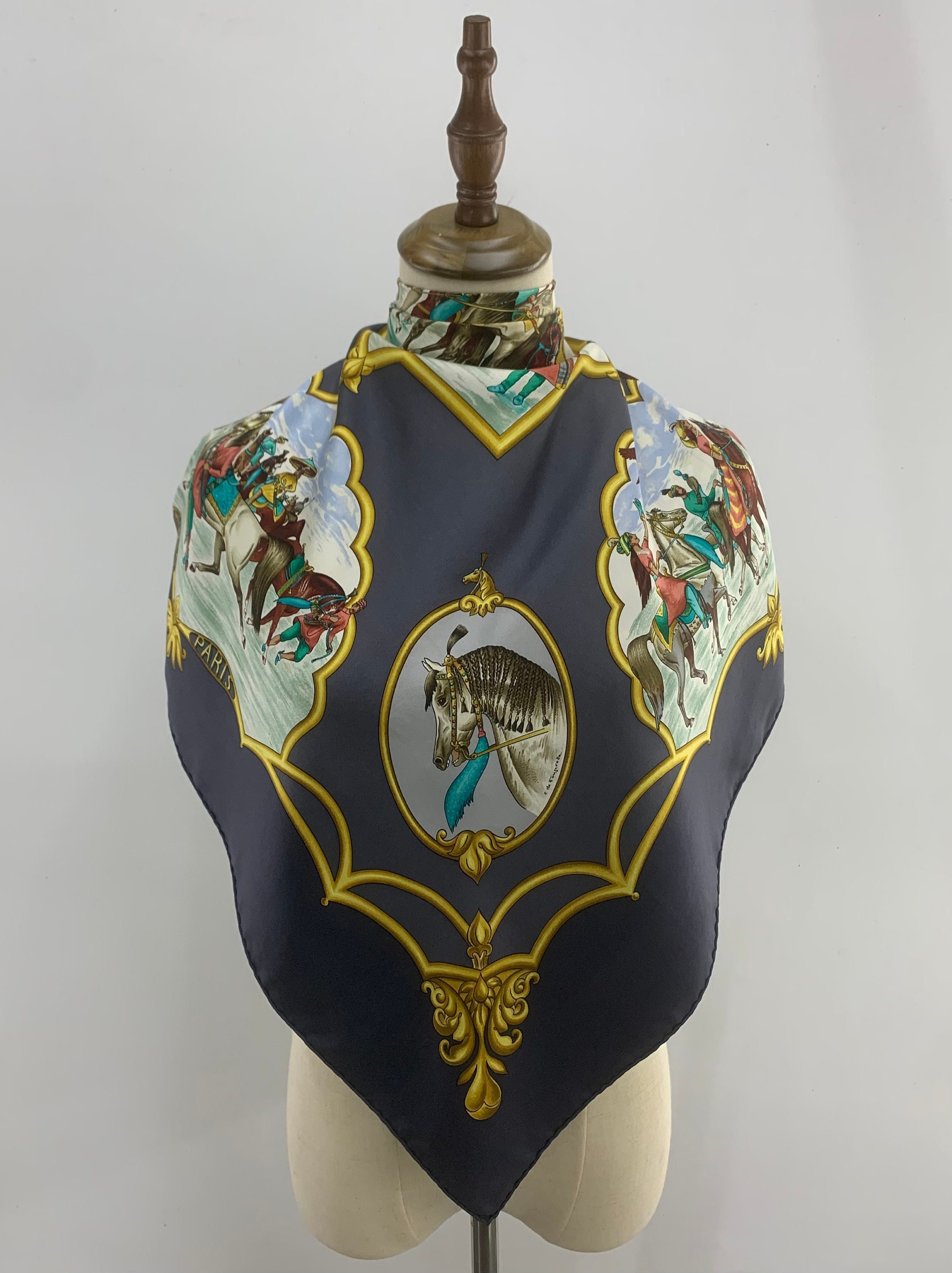 Vintage Hermes Silk Scarf Les Chevaux Des Moghols, Authentic