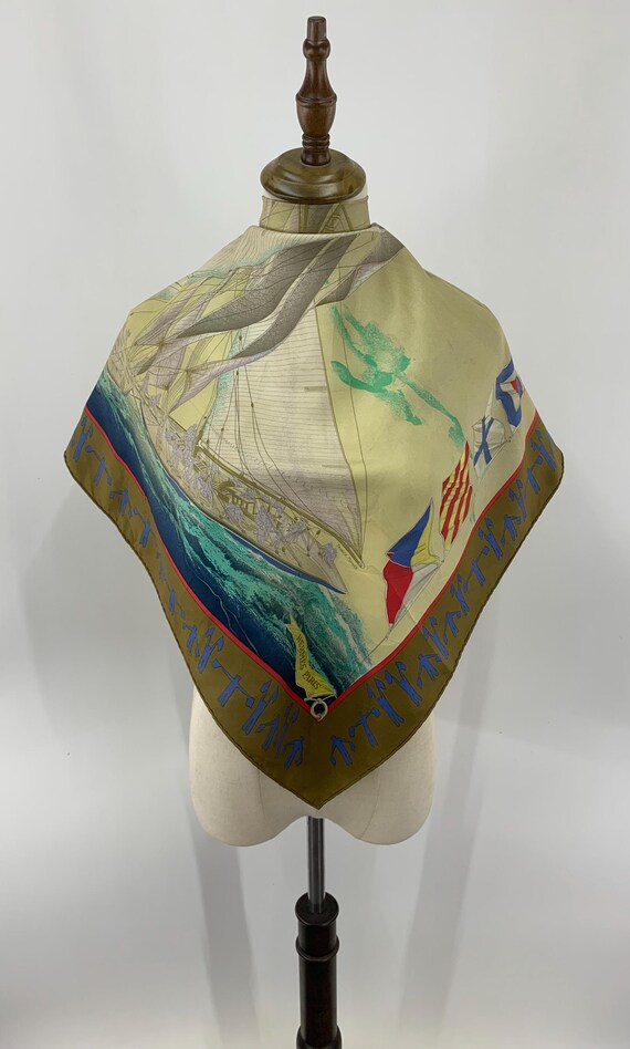 Vintage Hermes Silk Scarf En Course by Yannick Manier, Authentic Hermès Carre Foulard 90cm Silk Twill, Hermes Scarves Sailing Boat Print