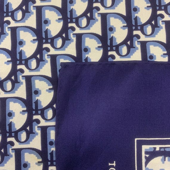 Vintage Christian Dior Silk Scarf Blue Monogram Pattern Head