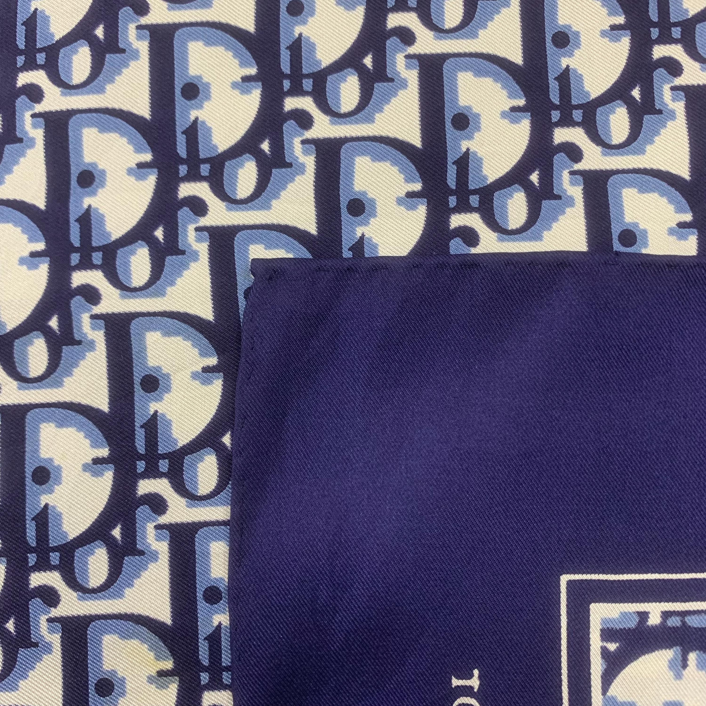 Vintage Christian Dior Silk Scarf Blue Monogram Pattern Head