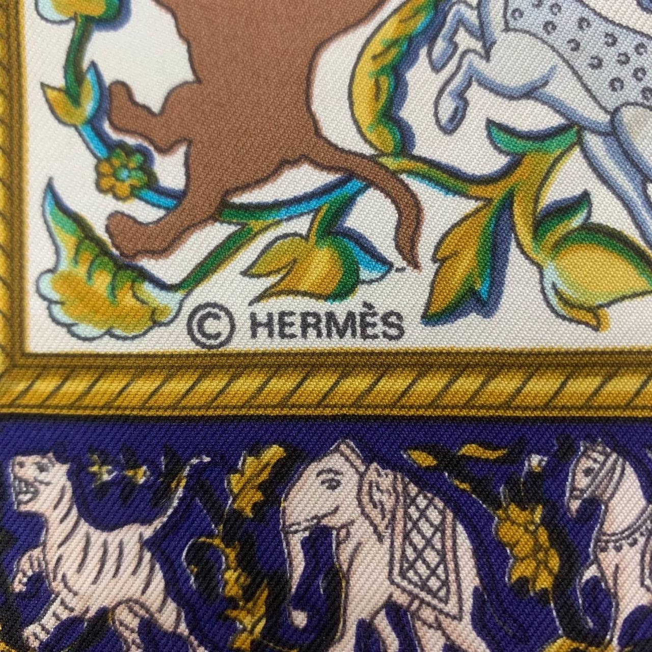 Vintage Hermes Chasse En Inde Silk Pocket Square with Original
