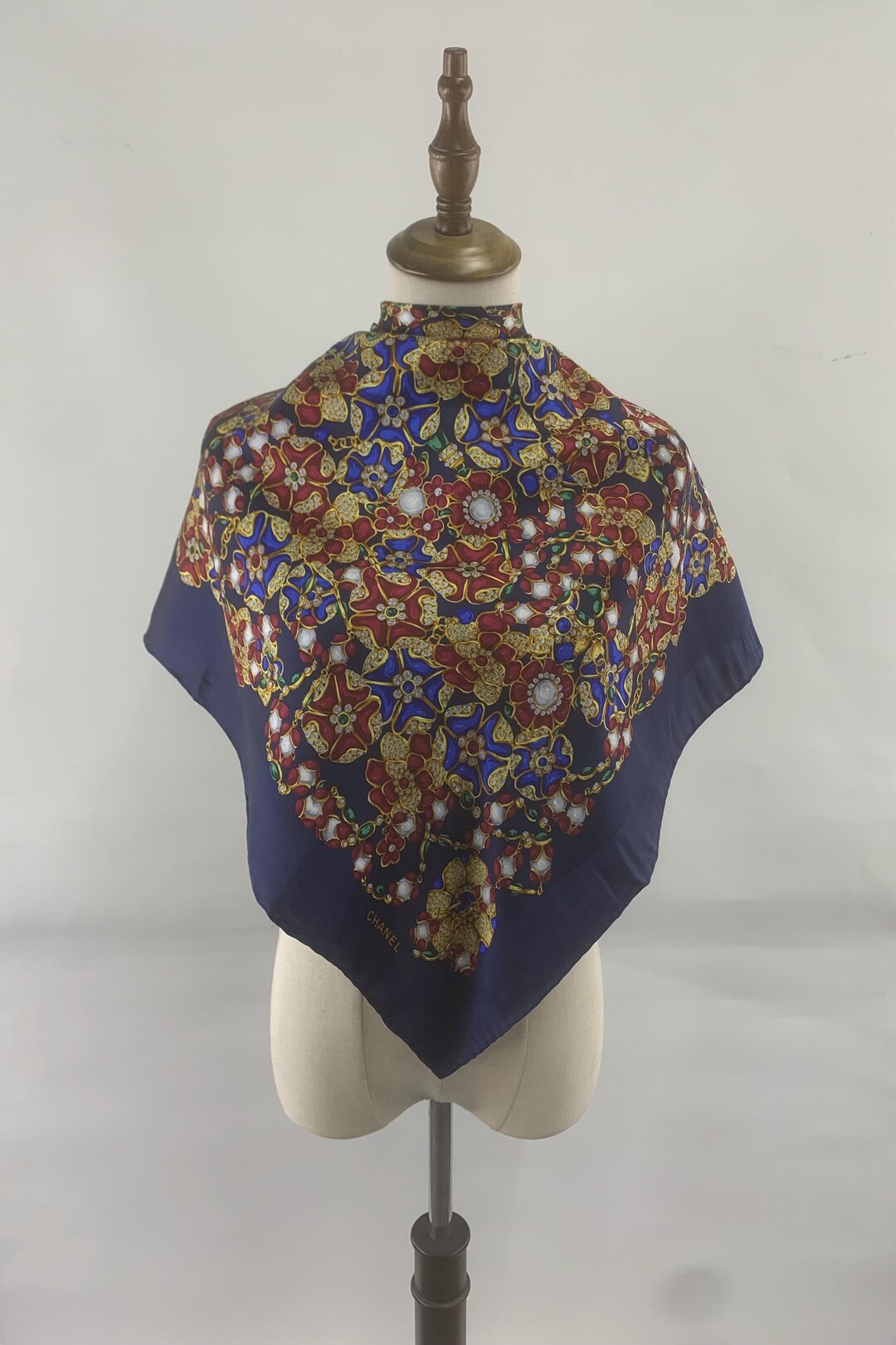 Vintage Chanel Silk Scarf Blue Jewellery Print Head Scarf Luxury