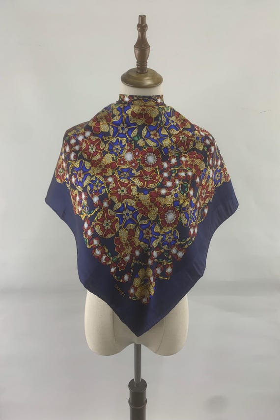 Vintage Chanel Silk Scarf Blue Jewellery Print Head Scarf Luxury