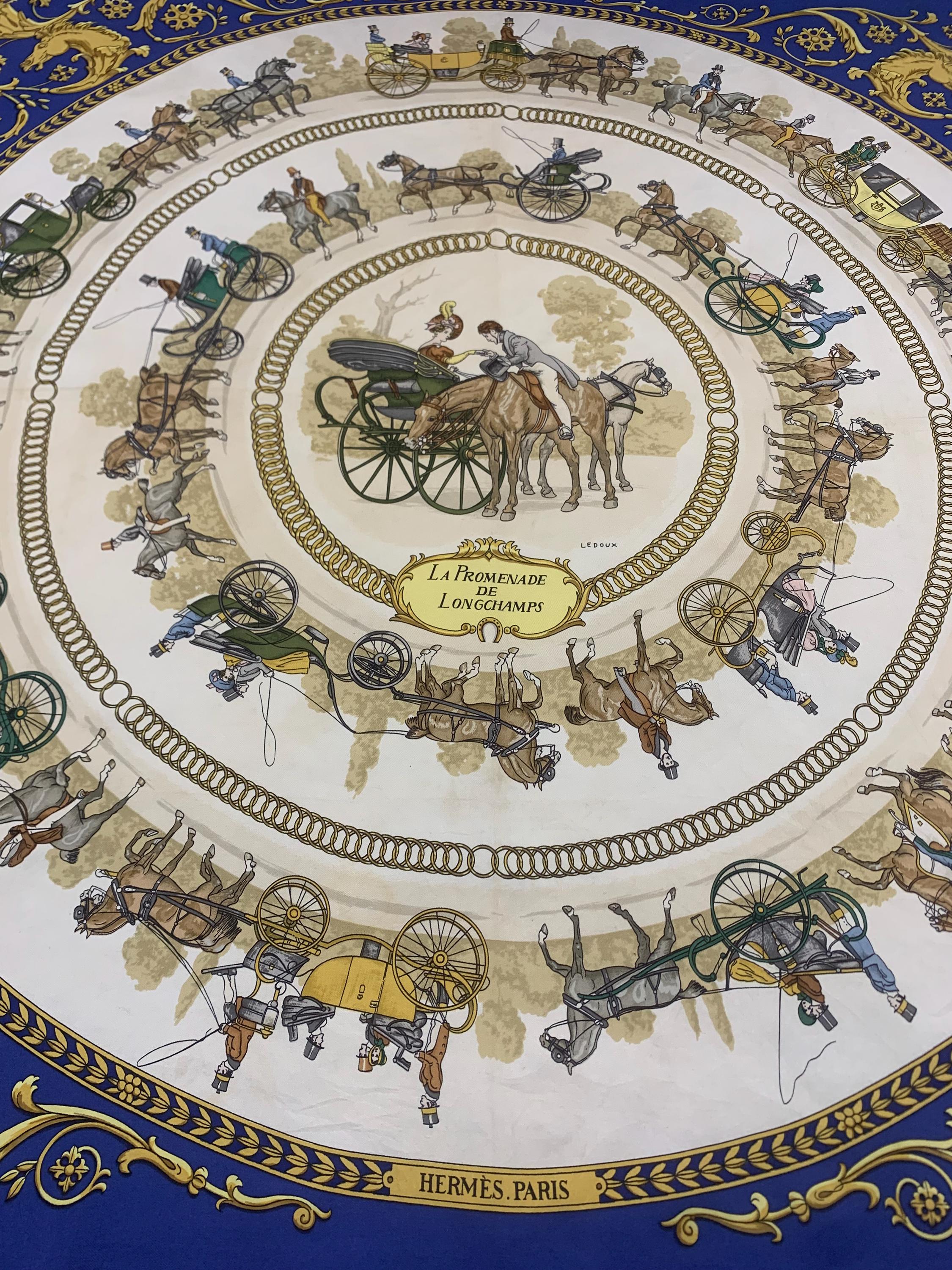 Vintage Hermes La Promenade De Longchamps Scarf, Authentic Hermès
