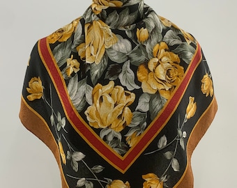 Vintage Lancetti Silk Scarf, Lancetti Milano Scarf Black Brown Flowers, Retro Scarf Floral Shawl Scarves, Square Scarf Foulards Neckwear
