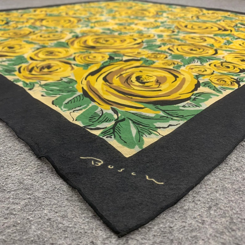 Vintage Bosch Floral Silk Scarf 90cm, Yellow Flowers Print Black Border, Vintage Shawl Square Scarf, Carre Foulards Stole Neckwear image 3