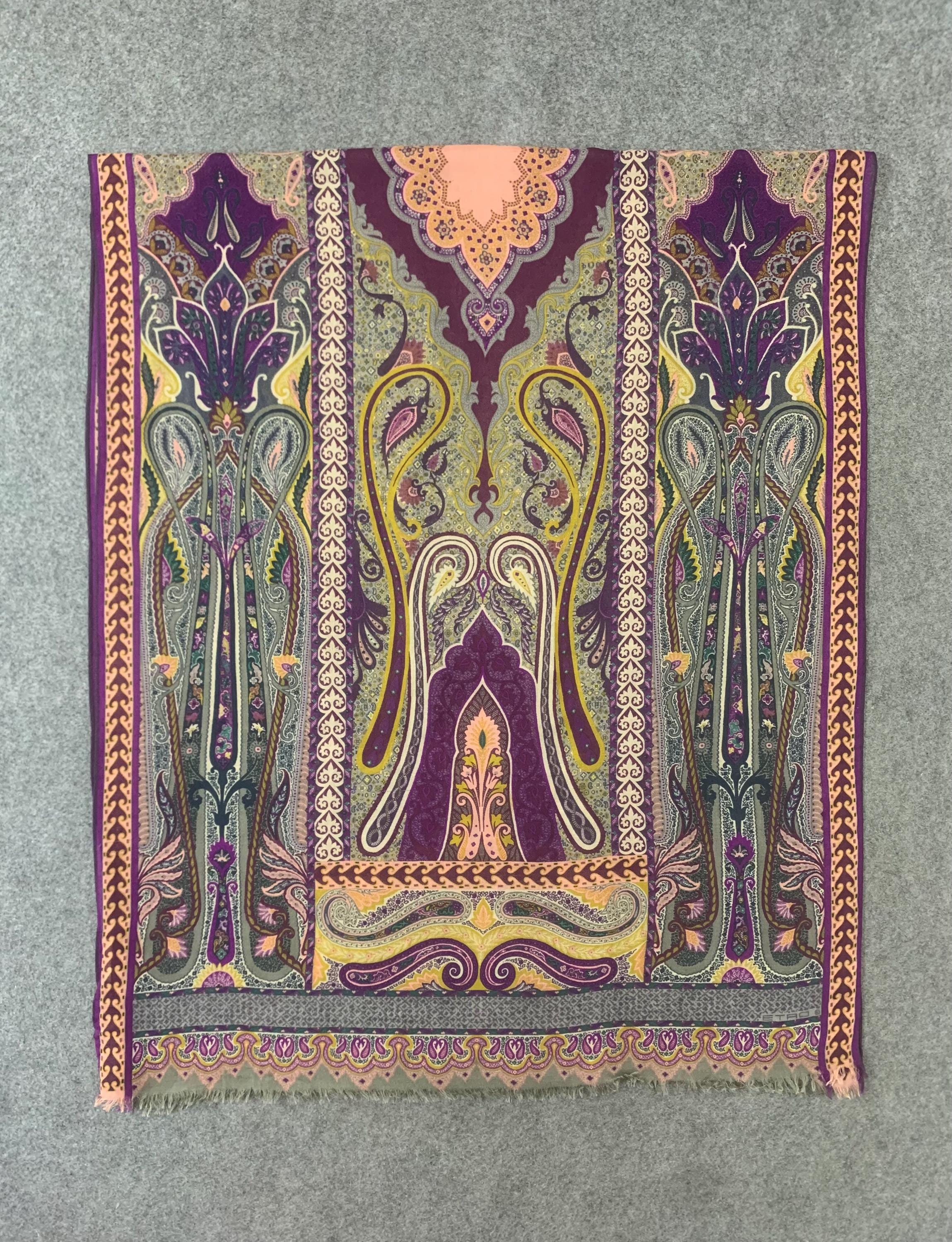 Vintage Etro Milano Wool Silk Scarf Paisley Pattern Neck Shawl