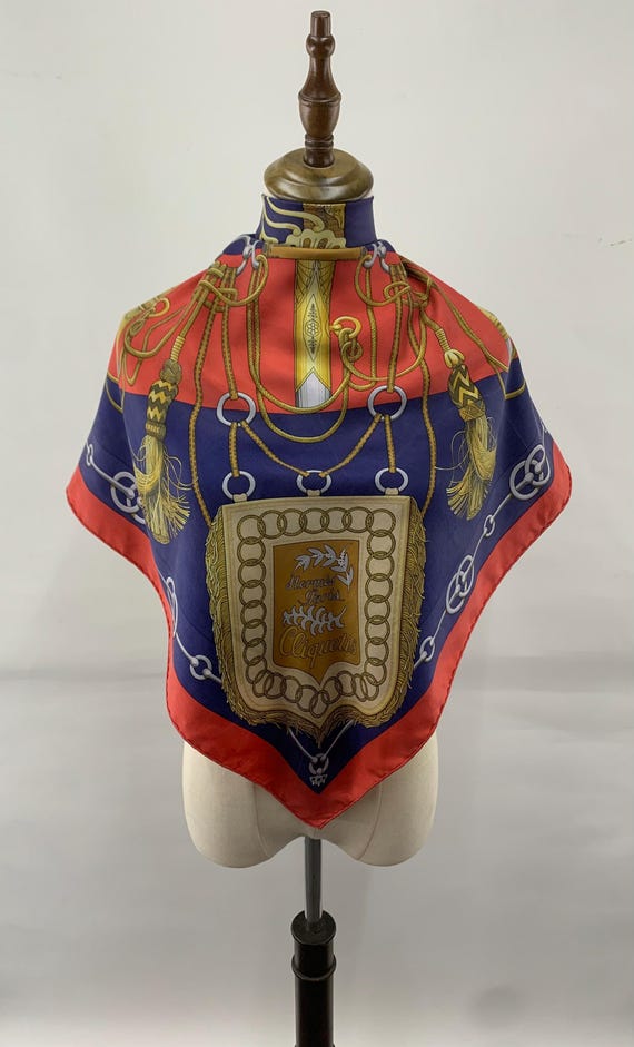 Vintage 80s Hermes Silk Scarf Cliquetis Red Blue Colour, Authentic