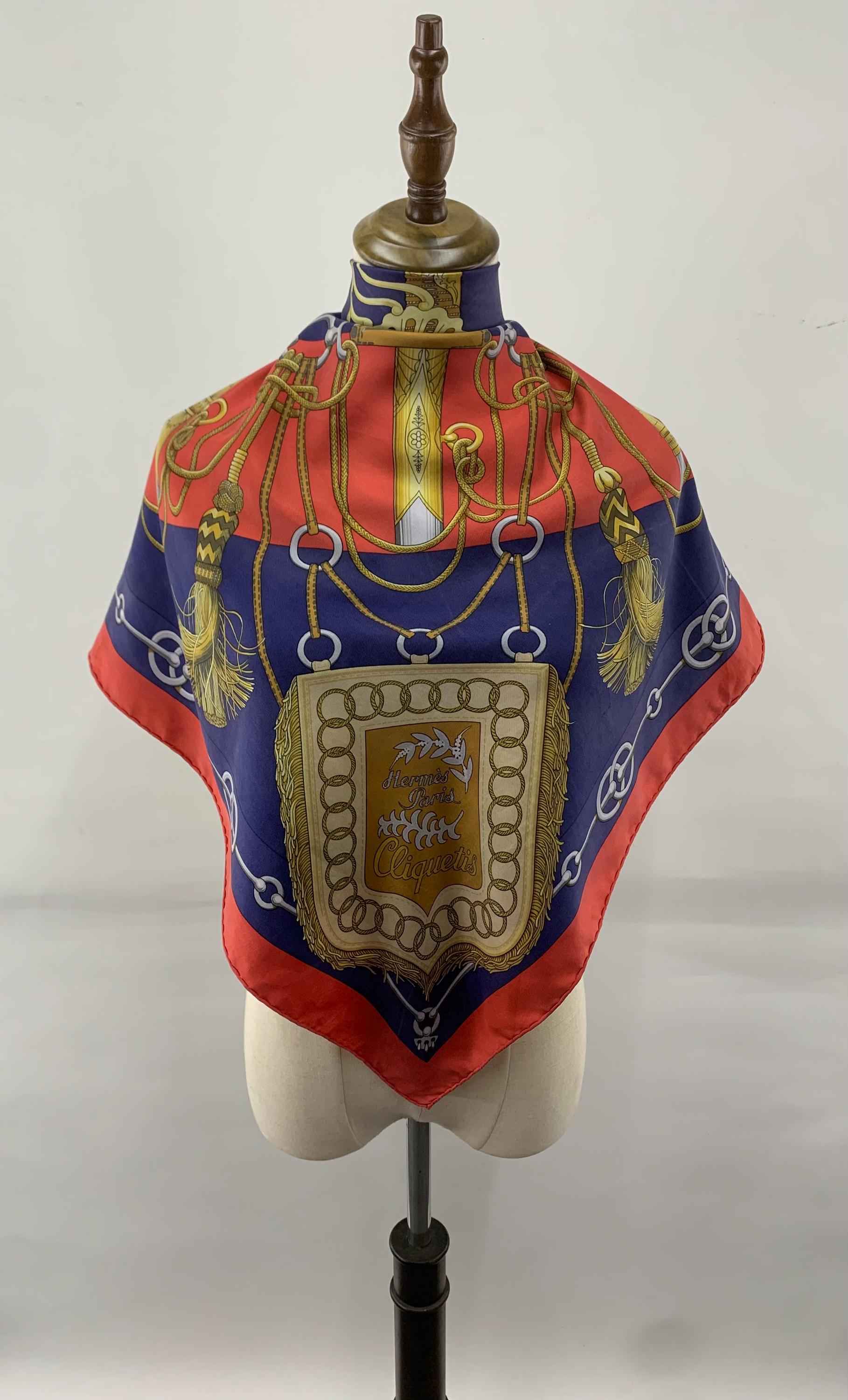 Vintage 80s Hermes Silk Scarf Cliquetis Red Blue Colour, Authentic
