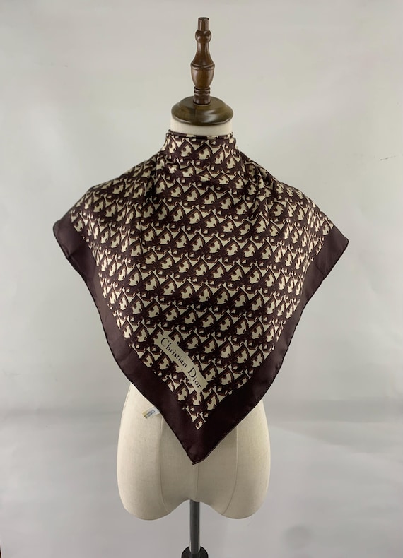 Vintage Christian Dior Silk Scarf Brown Monogram Print Scarves