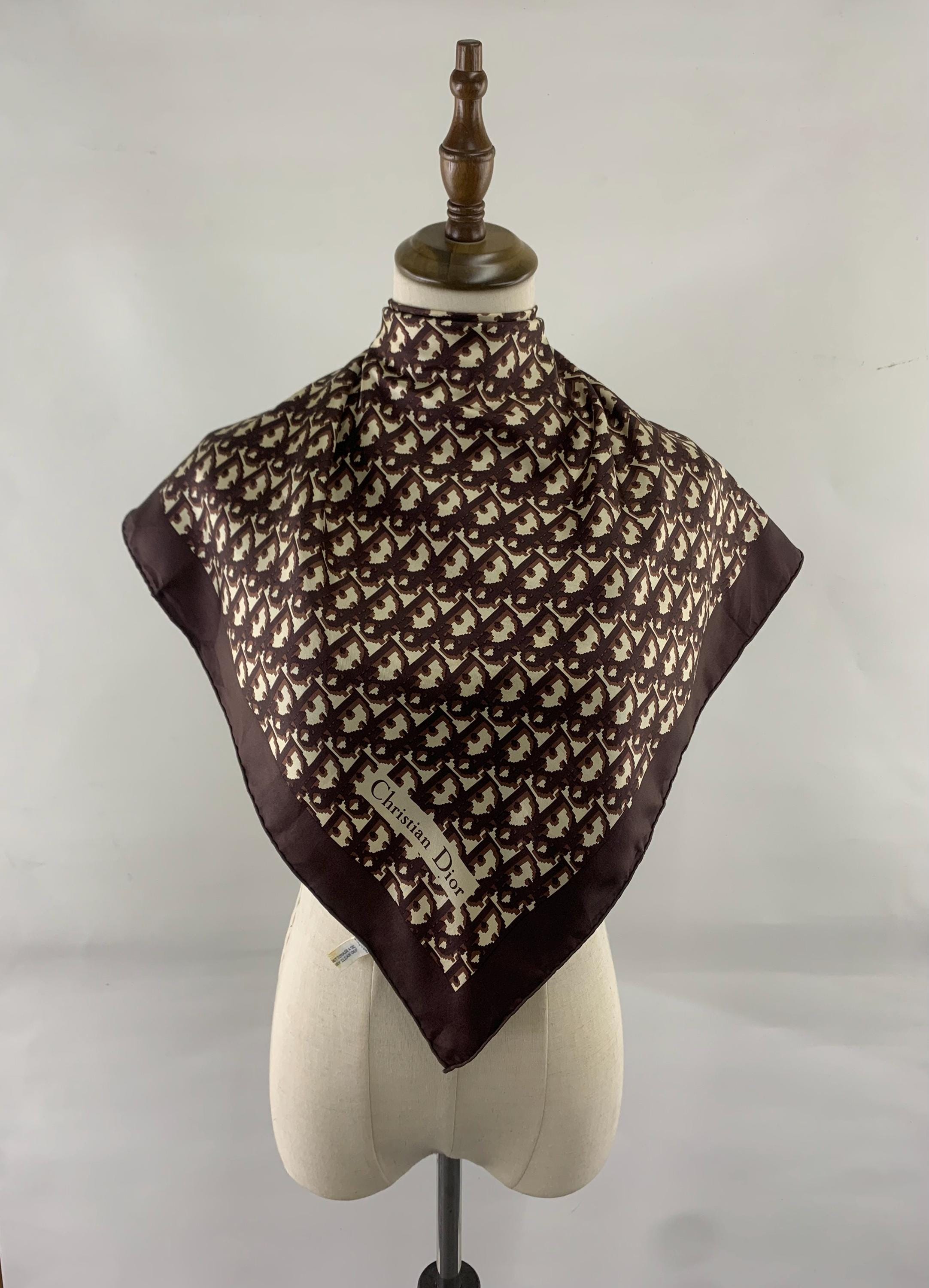 Vintage Christian Dior Silk Scarf Brown Monogram Print Scarves