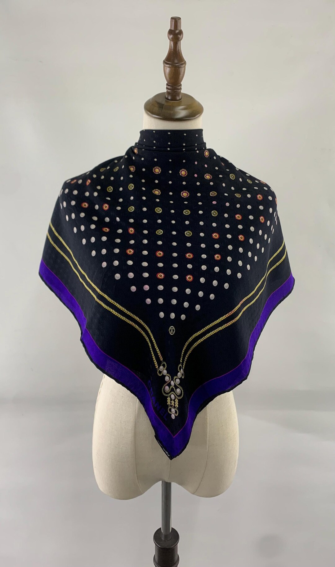 Vintage 90s Chanel Silk Scarf Black Polkadot Pattern Scarves