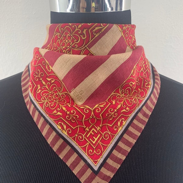Vintage Fendi Red Baroque Handkerchief, Authentic Fendi Bandana, Fendi Pocket Square, Fendi Luxury Cotton Scarf, Square Scarf, Neckerchief