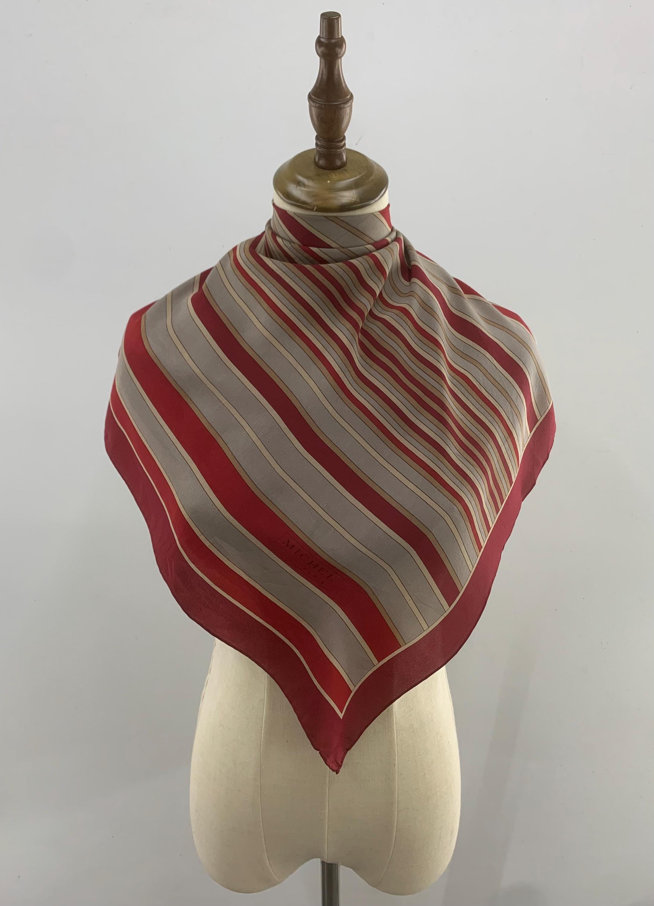 Foulard En Soie 100% Michel Paris - Motif Géométrique Marron - Occasion En Très Bon état Général