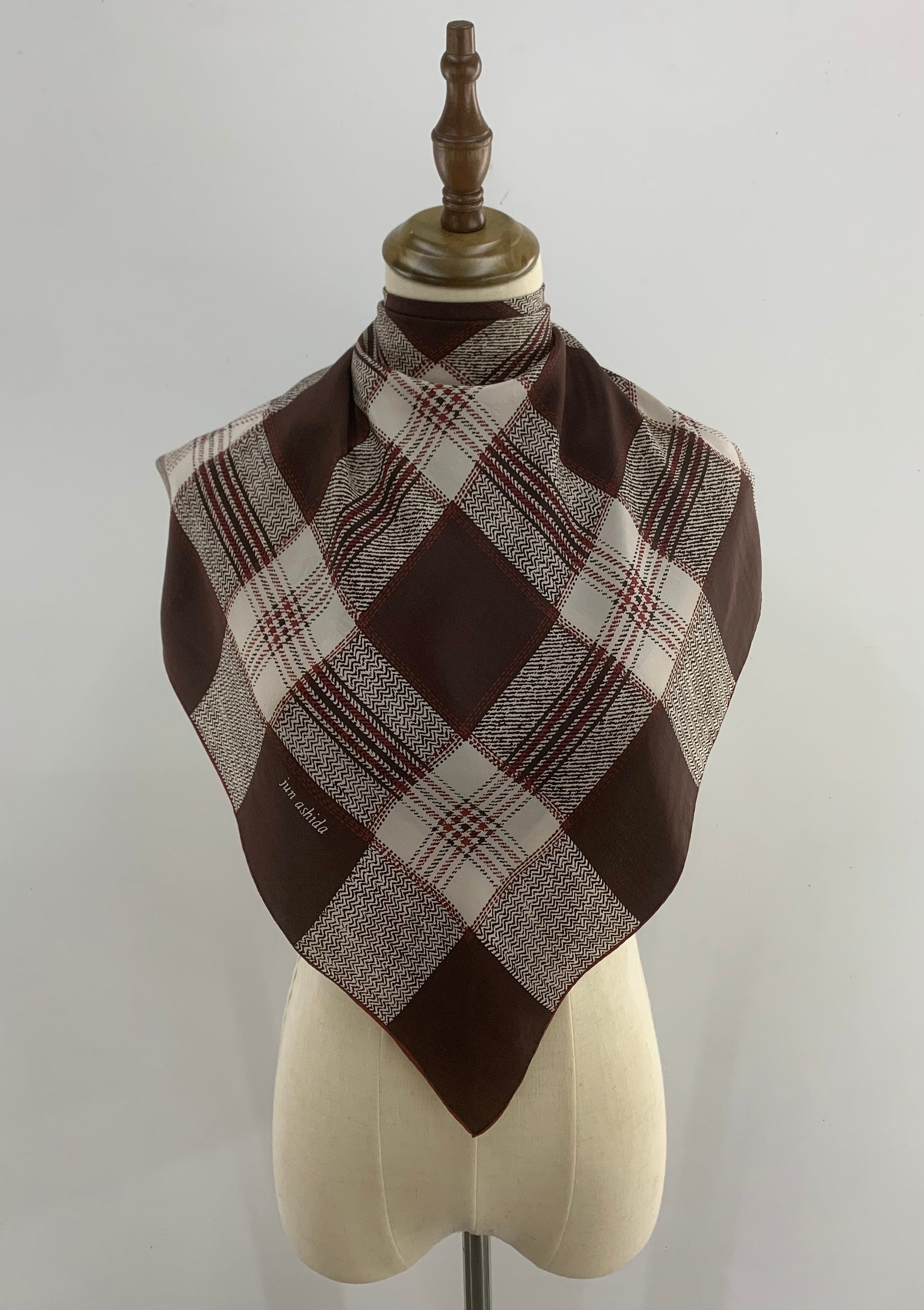 Vintage Jun Ashida Brown Tartan Silk Scarf Pure Silk Accessories