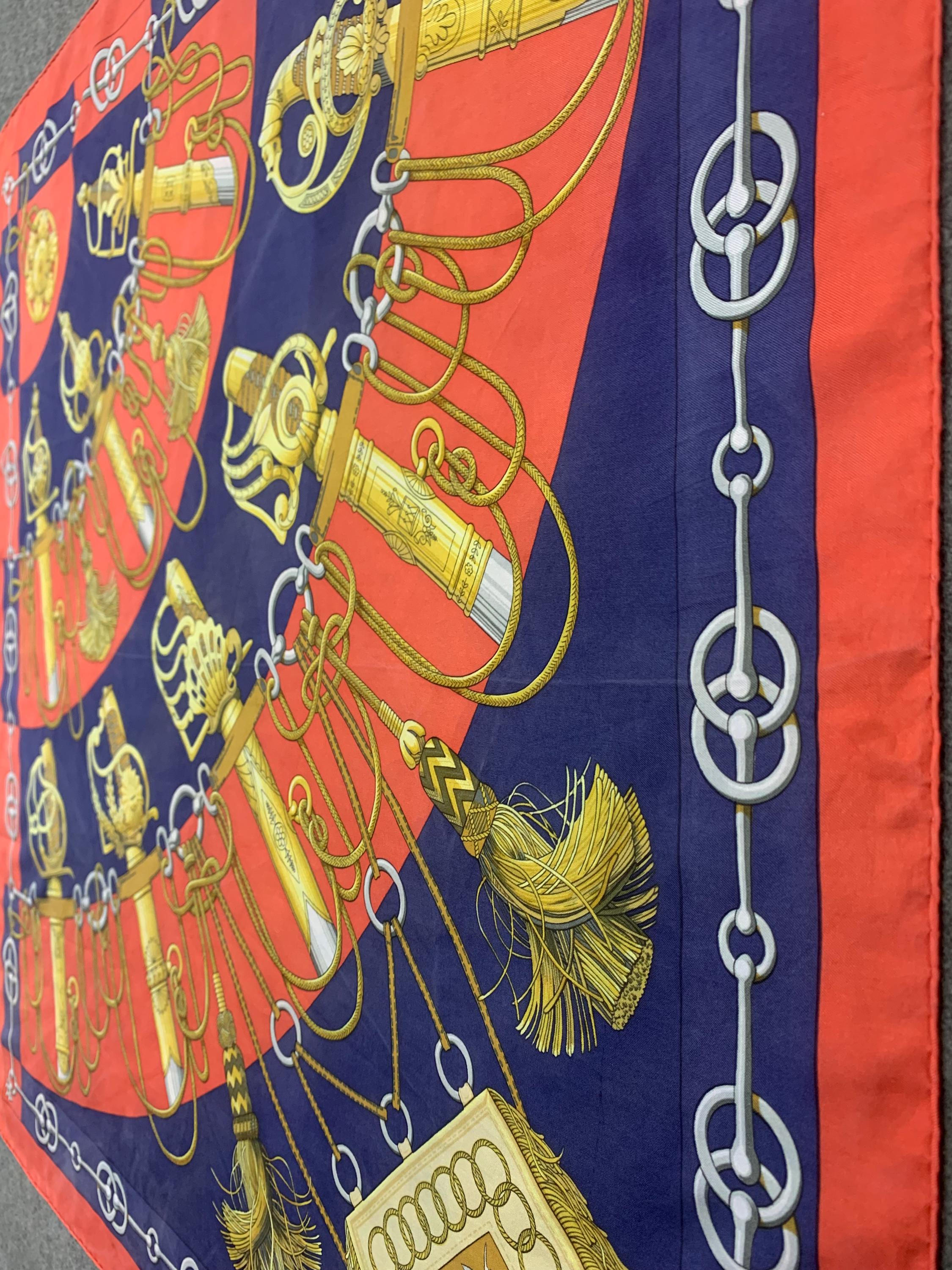 Vintage 80s Hermes Silk Scarf Cliquetis Red Blue Colour, Authentic