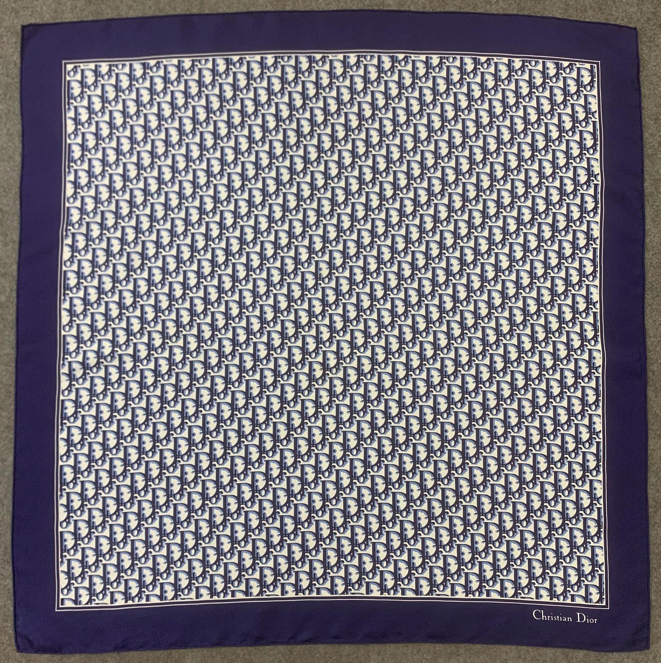 Vintage Christian Dior Silk Scarf Blue Monogram Pattern Head