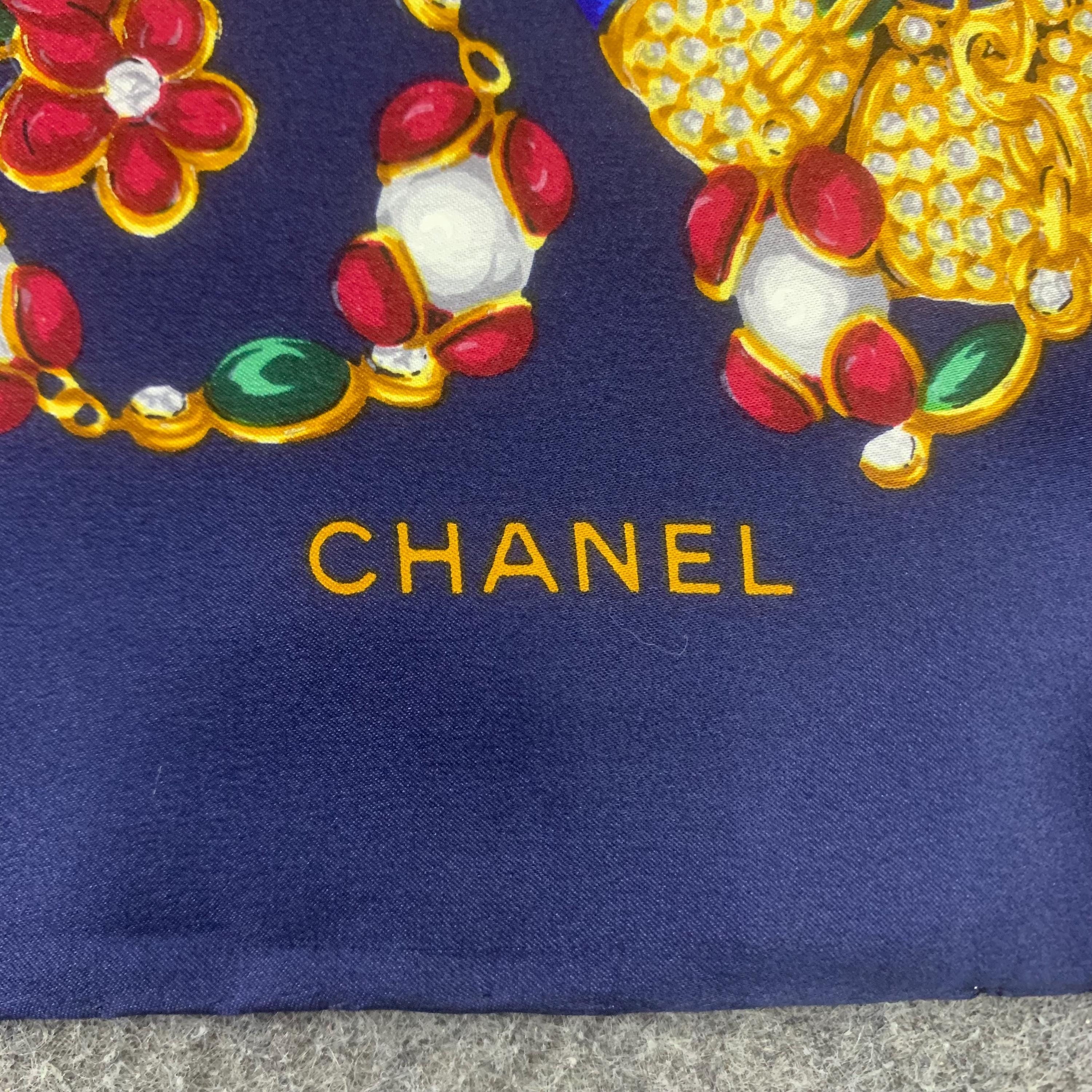 Vintage Chanel Silk Scarf Blue Jewellery Print Head Scarf Luxury