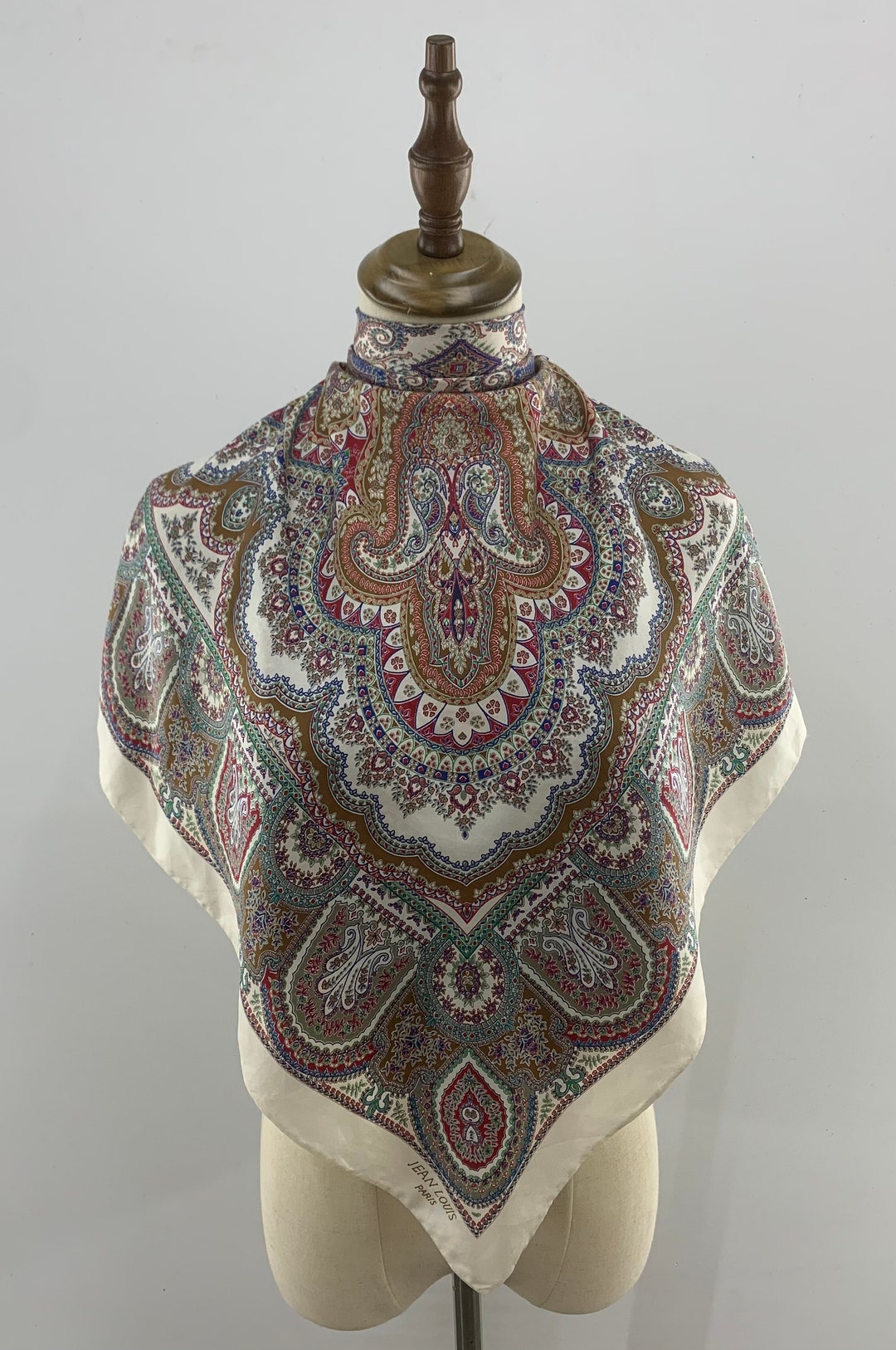 Foulard Vintage Authentique En Soie 100% - Motif Géométrique Multicolore - Occasion En Bon état